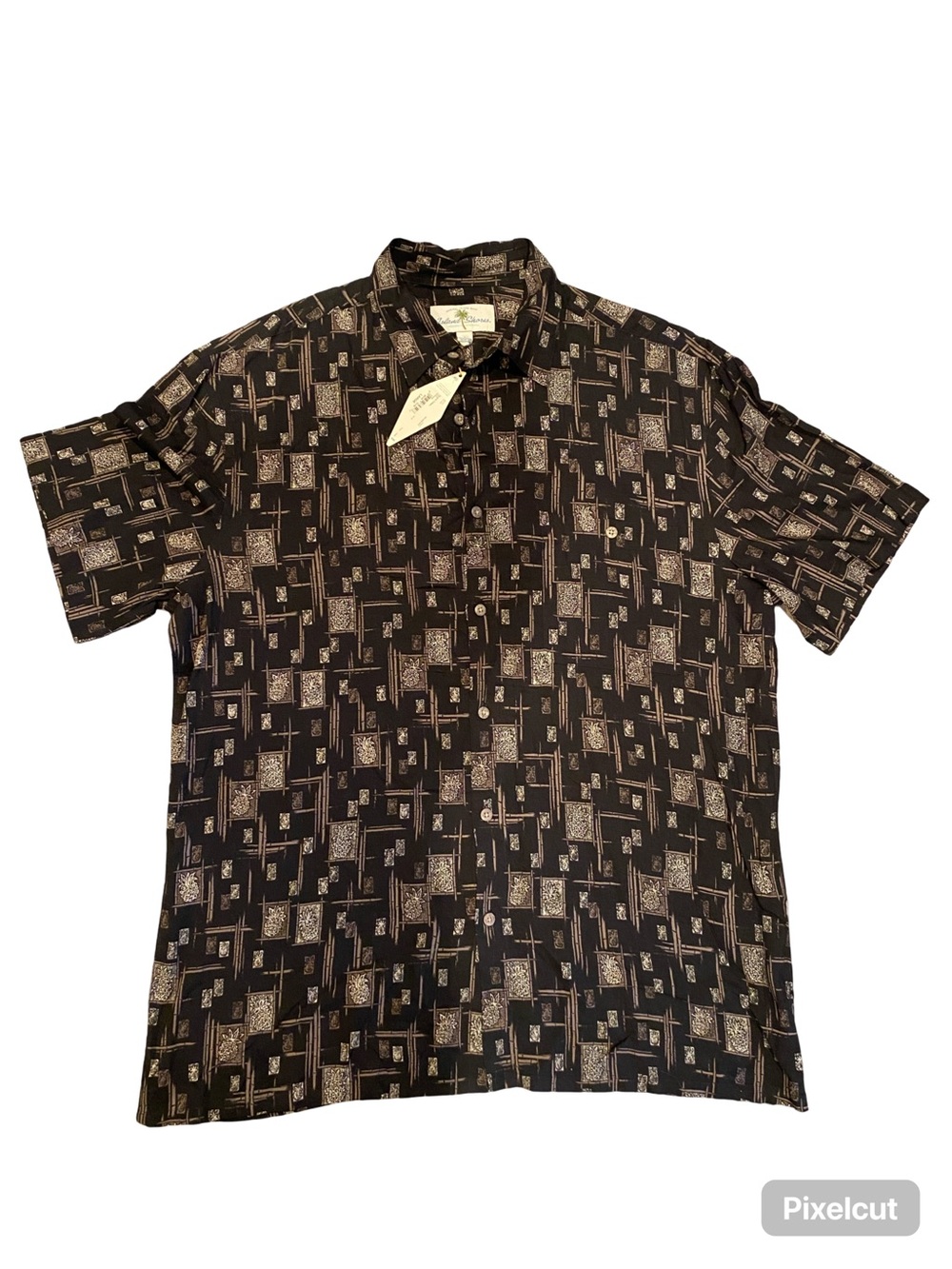 Island Shores Men's Short Sleeve Button-Up Shirt - Black Geometric, Size Large